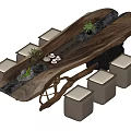 Natural Wooden Tea Table and Upholstered Stools with Black Surface Tea Set and Small Plants