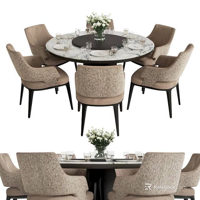 Elegant Round Dining Table And Chairs Set With Marble Top And Beige Upholstered Seats 3d model 