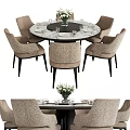 Elegant Round Dining Table And Chairs Set With Marble Top And Beige Upholstered Seats