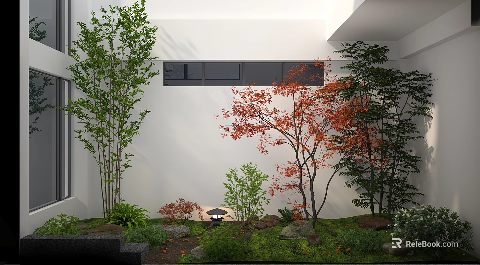 Indoor Garden Design With Green Plants Red Maple Tree Stone Landscape And Small Lantern 3d model 