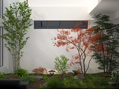 Indoor Garden Design With Green Plants Red Maple Tree Stone Landscape And Small Lantern 3d model
