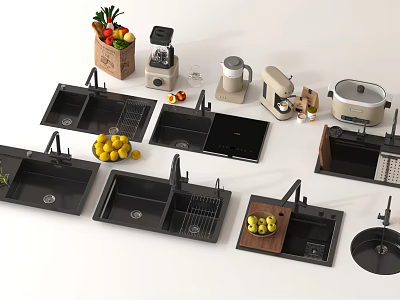 Stylish Kitchen Faucets Featured on Multiple Black Sinks with Fresh Fruits and Appliances 3d model