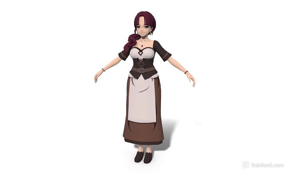 3D Game Movie Female Character With Purple Hair And Brown White Apron Dress 3d model 