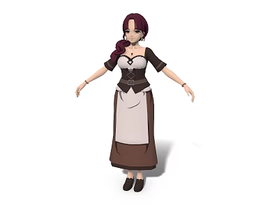 3D Game Movie Female Character With Purple Hair And Brown White Apron Dress 3d model