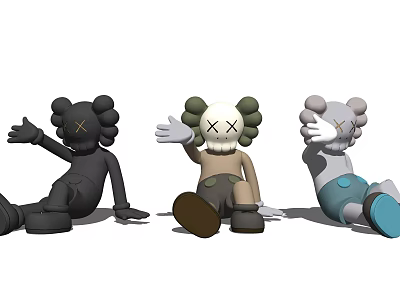 Stylish Plush Dolls in Black Brown Gray with Waving Sitting and Playful Poses 3d model