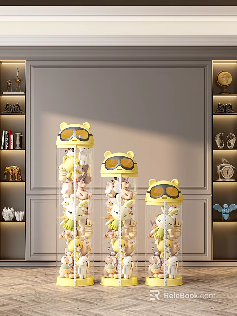 Colorful Plush Dolls In Transparent Cylindrical Containers With Yellow Cartoon Sunglasses Lids 3d model 