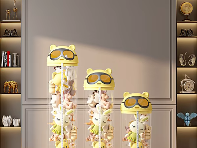 Colorful Plush Dolls In Transparent Cylindrical Containers With Yellow Cartoon Sunglasses Lids 3d model