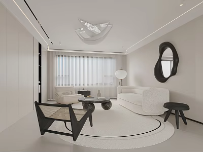 Modern Living Room Interior With White Sofa Black Chair Round Rug And Decorative Mirror 3d model