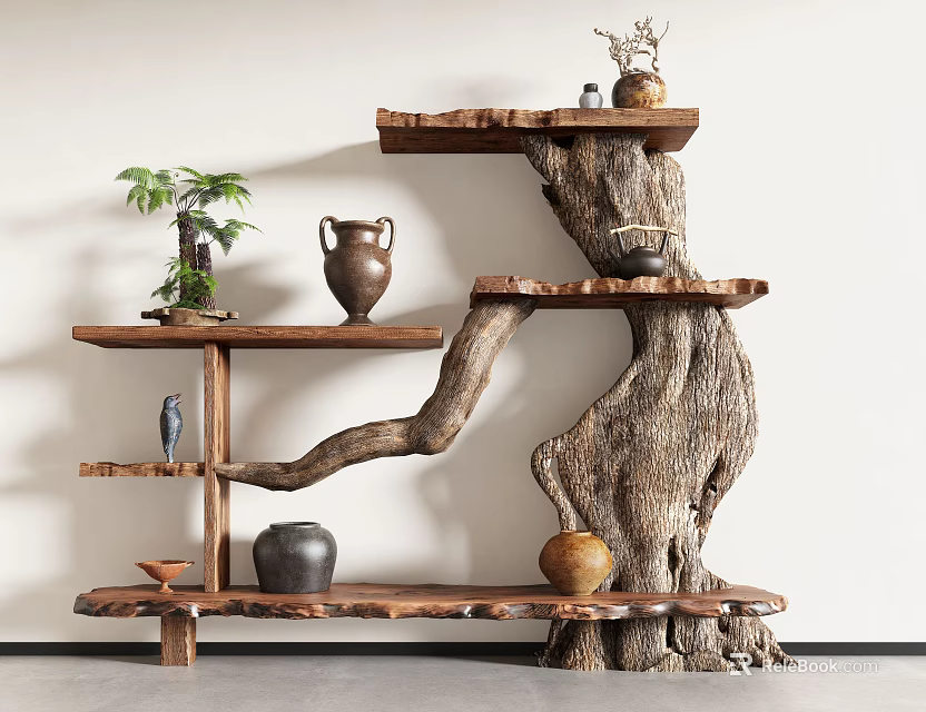 Tree Trunk Design Wooden Shelving Unit Displaying Decorative Vases Small Potted Plant And Ornaments 3d model 