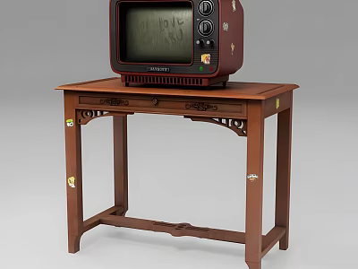 Vintage Retro TV Set Placed On Carved Wooden Table With Classic Design 3d model