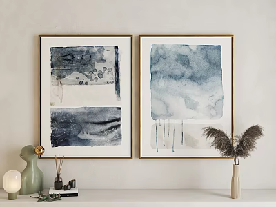 Two Framed Watercolor Abstract Paintings With Blue Gray Tones On White Wall Interior 3d model