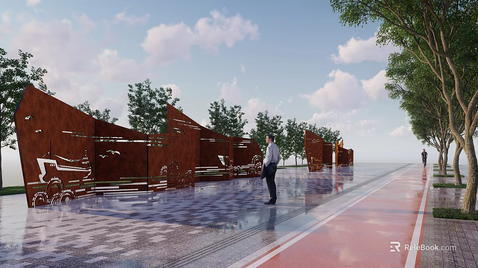 Outdoor Square With Red Decorative Walls Paved Ground And Trees Under Blue Sky 3d model 