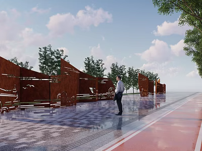 Outdoor Square With Red Decorative Walls Paved Ground And Trees Under Blue Sky 3d model