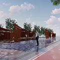 Outdoor Square With Red Decorative Walls Paved Ground And Trees Under Blue Sky
