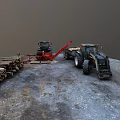 Two Black Tractors With Wood Logs And Trailer In Rural Work Scene