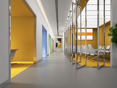 Modern Office Corridor Interior Design With Colorful Walls Glass Partitions And Office Chairs 3d model