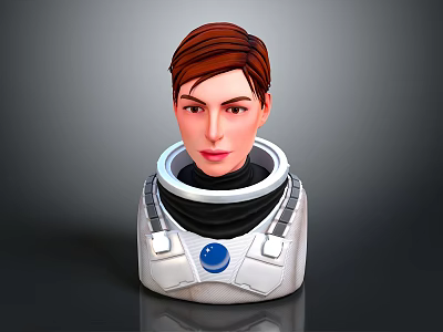 Sci Fi Character Head Model With Brown Hair White Helmet And Blue Button 3d model