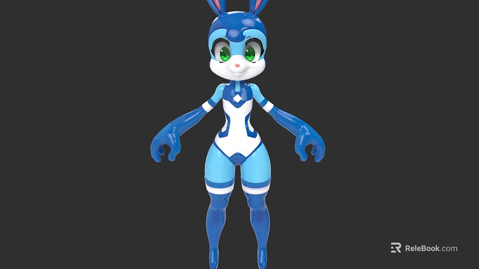 Woman in Blue and White Rabbit Ears Costume 3D Animated Character with Green Eyes 3d model 