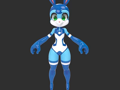 Woman in Blue and White Rabbit Ears Costume 3D Animated Character with Green Eyes 3d model