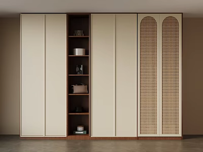 Modern Beige Wardrobe Interior With Open Storage Compartment And Perforated Lattice Doors 3d model