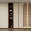 Modern Beige Wardrobe Interior With Open Storage Compartment And Perforated Lattice Doors