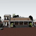 Traditional Ancient Building Exterior With White Walls Tile Roof Hanging Lanterns Stone Pillar And Greenery
