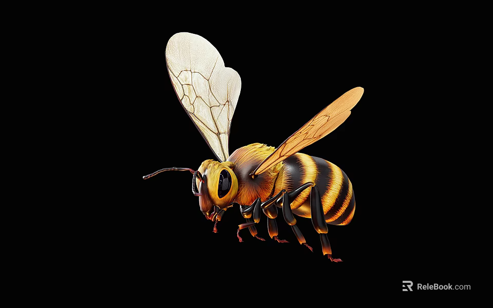 Detailed Bee With Yellow And Black Stripes Transparent Wings Long Antennae And Segmented Body 3d model 