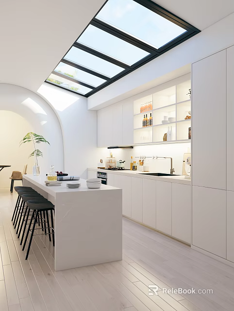 Modern White Kitchen Interior Design With Skylight Island Counter And Cabinets 3d model