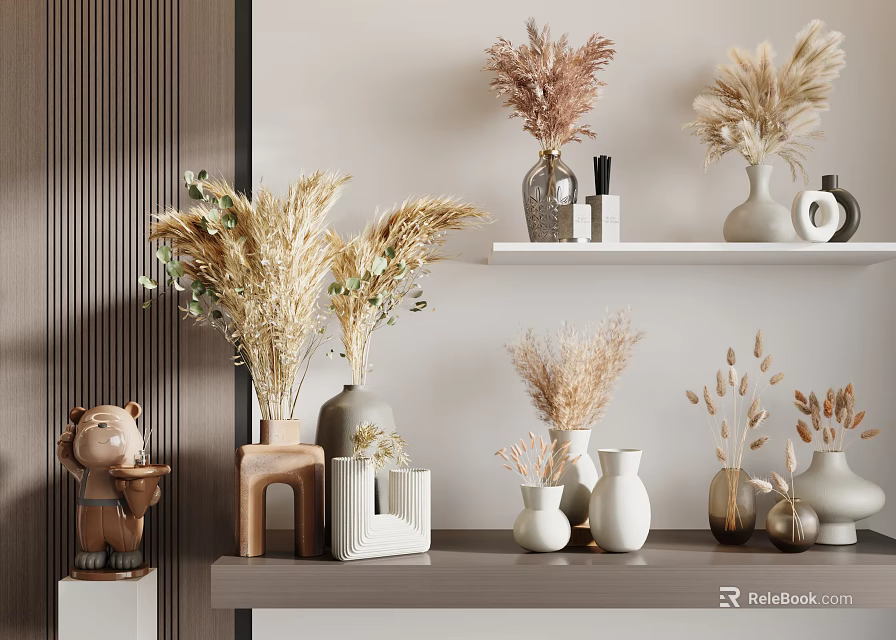 Modern Decorative Ornaments Set With Ceramic Vases Dried Flowers And Wooden Figurines On Shelves 3d model 