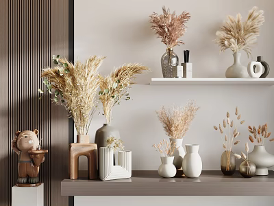 Modern Decorative Ornaments Set With Ceramic Vases Dried Flowers And Wooden Figurines On Shelves 3d model