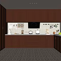 Warm Kitchen Interior With Brown Cabinets White Refrigerator And Tiled Floor 3d model