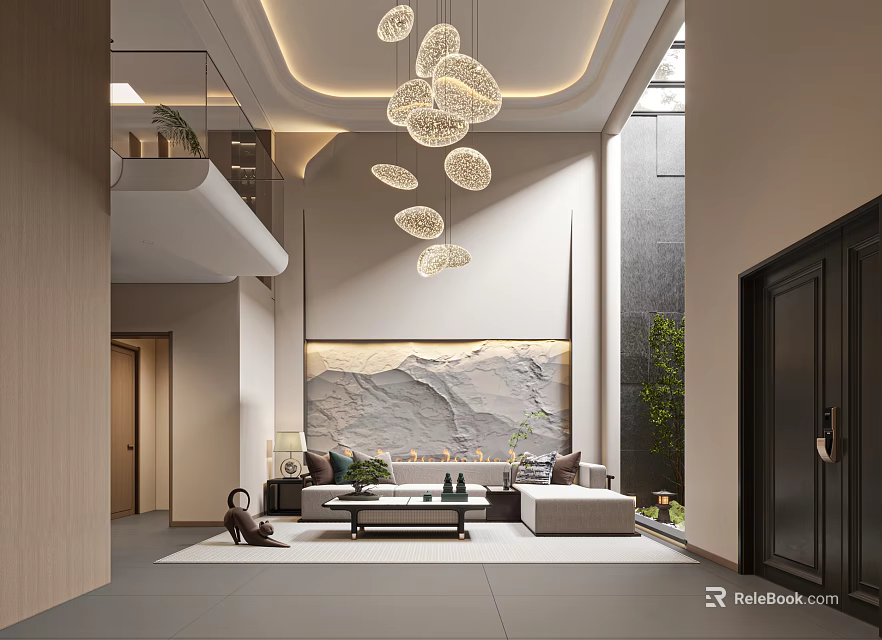 Modern Duplex Living Room With Chandelier Sofa And Landscape Wall 3d model 