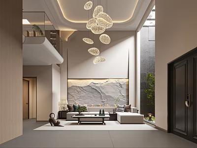 Modern Duplex Living Room With Chandelier Sofa And Landscape Wall 3d model