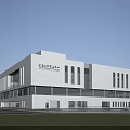 Modern Cultural Center Building With White Facade Large Glass Windows And Open Lawn