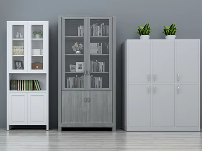 White And Gray Bookcases With Glass Doors Books Decorations And Green Plants On Top 3d model