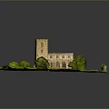 Miniature Church Model With Green Grass Trees Pathway And White Tower