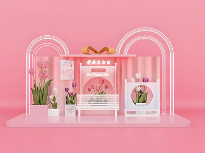 Pink Themed Photo Spot With Arched Decorations Tulips And White Display Stand 3d model