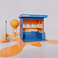 Commercial Equipment Blue Minifun Kiosk With Shelves Boxed Products Orange Hot Air Balloon And Signpost