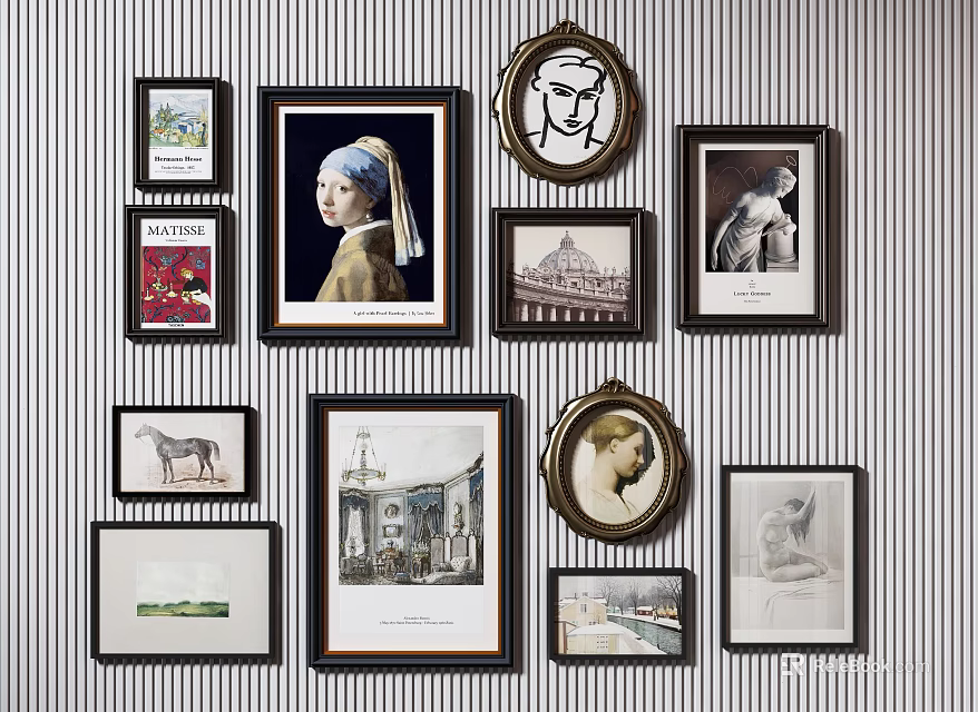 Gallery Wall With Various Framed Artworks On Striped Wallpaper Background 3d model