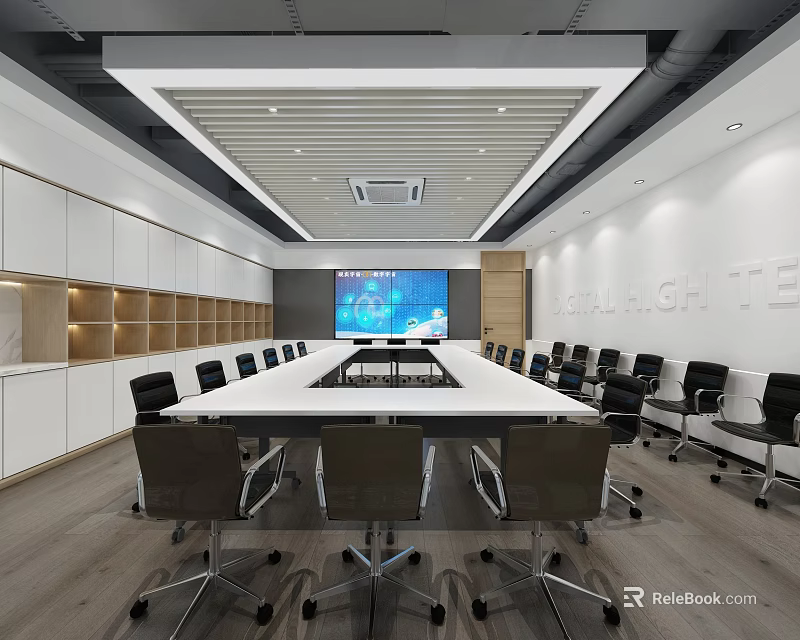 Modern Conference Room Interior With Long Table Large Screen And Ergonomic Chairs 3d model