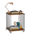 Wooden Top Side Table With Metal Frame Wheels Table Lamp Books And Vase