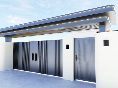 Modern Entrance Gate With Striped Dark Design White Wall And Gray Canopy 3d model