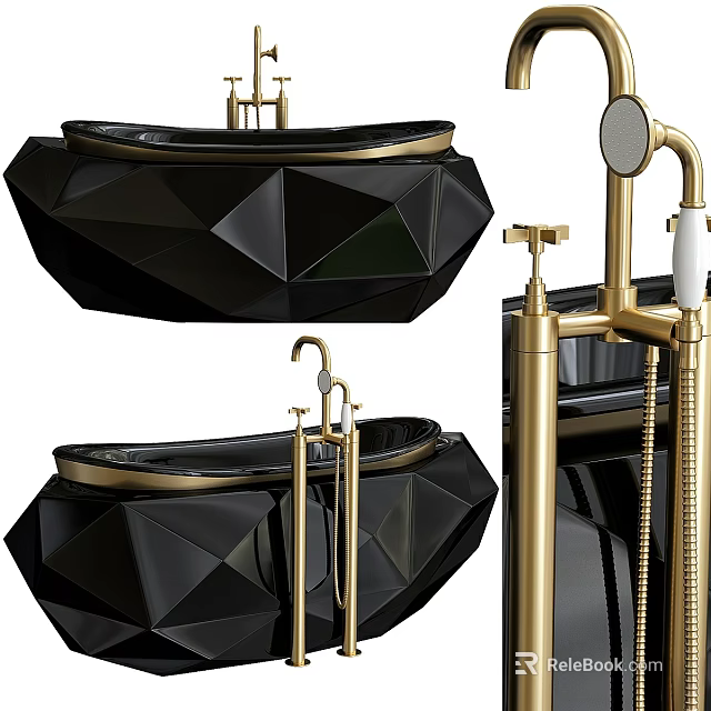 Black Geometric Cut Bathtub With Golden Faucet And Luxury Fixtures Design 3d model 