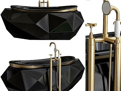 Black Geometric Cut Bathtub With Golden Faucet And Luxury Fixtures Design 3d model