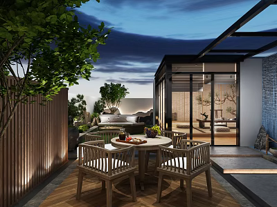 Modern Garden Patio With Wooden Table Chairs Green Plants And Outdoor Seating 3d model