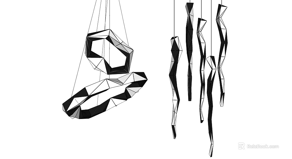 Modern Geometric Polygonal and Sleek Twisted Chandeliers in Contemporary Black White Design 3d model 