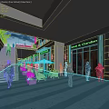 Bustling Commercial Street With Brand Stores Glass Facades Outdoor Seating and Pedestrians