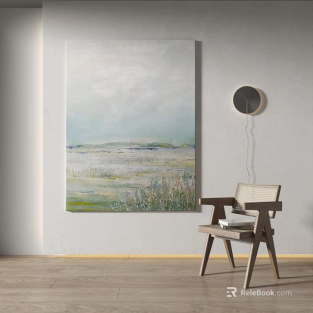 Abstract Oil Painting With Soft Blue Gray Green Tones Near Wooden Chair And Round Mirror 3d model 