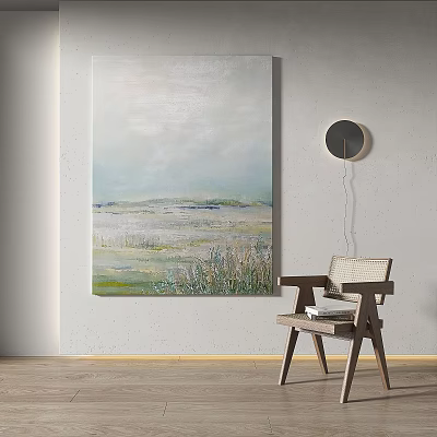 Abstract Oil Painting With Soft Blue Gray Green Tones Near Wooden Chair And Round Mirror 3d model