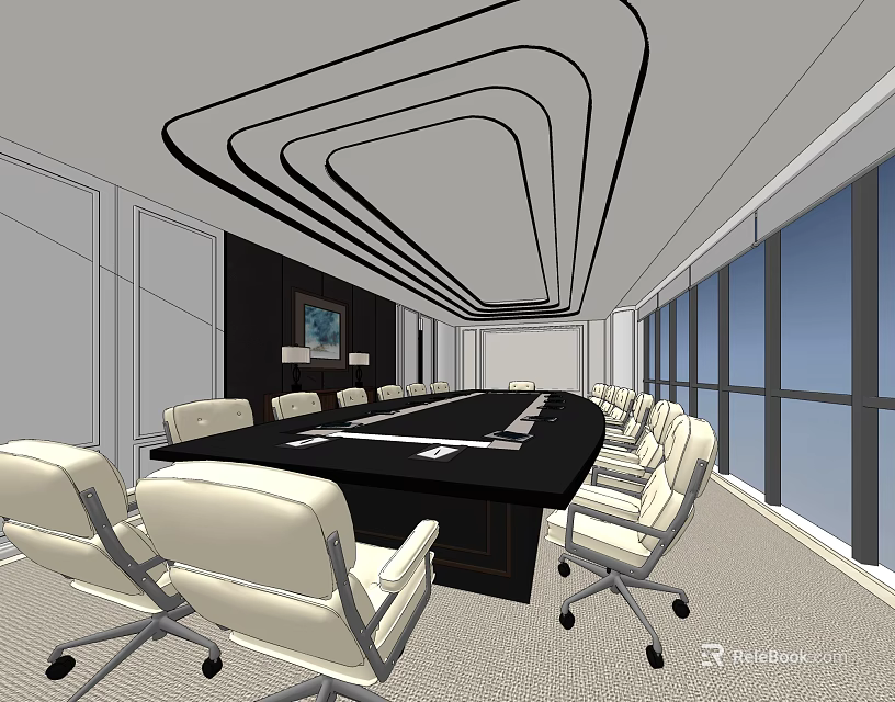 Modern Conference Room Interior With Black Table White Chairs Curved Ceiling And Large Windows 3d model 